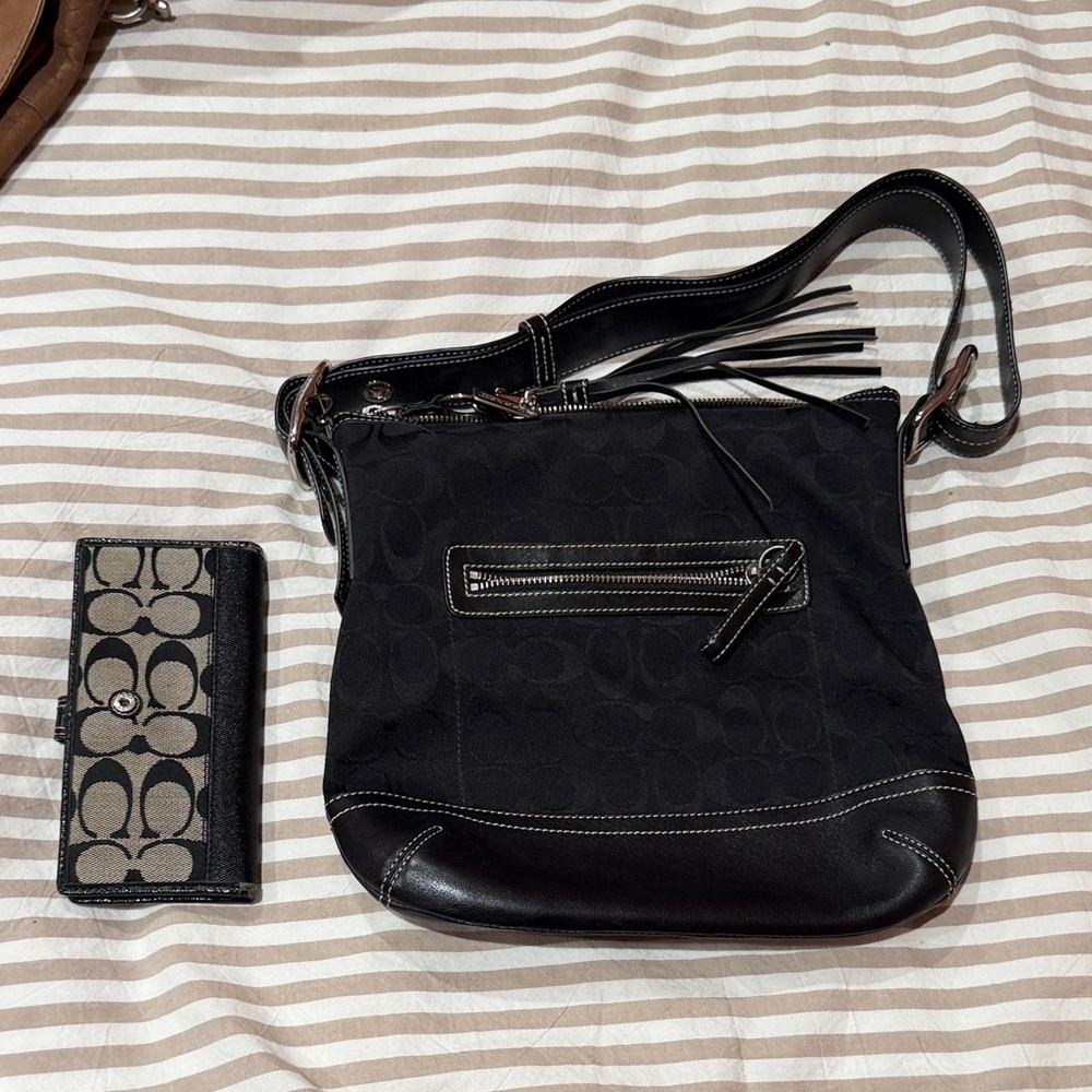 Coach Black Crossbody Bag with Silver Accents with wallet